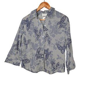 Alfred Dunner Button-Down Blue Sequin Striped Butterfly Poplin Shirt Size 10